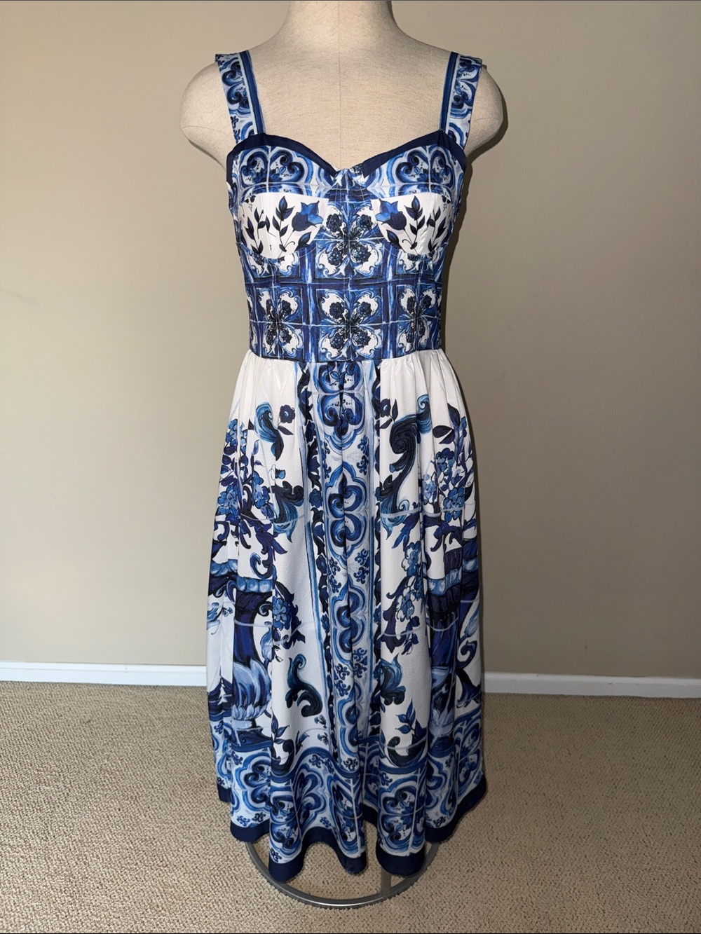Blue & White Printed Midi Dress with Sweetheart Bodice PLEASE READ DETAILS